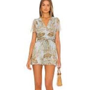 Amuse Society Leafy Print Blue Chiffon Tie Front Romper Size Medium